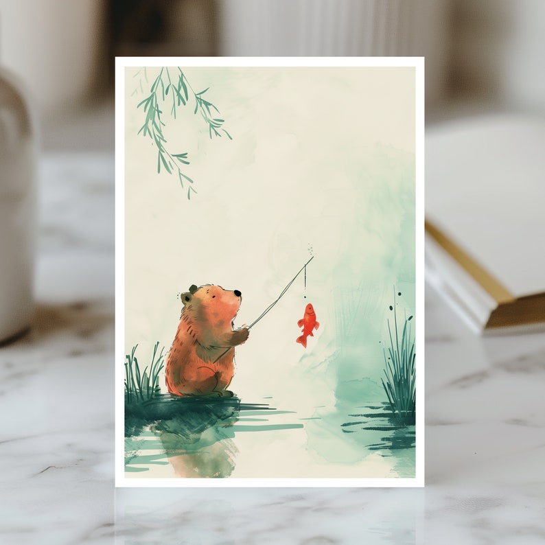 Bear Fishing Card Cute Bear Card Happy Birthday Bear Watercolor Birthday Card Unique Fishing Card image 2