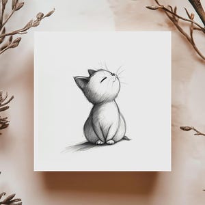 Cat Drawing Card Minimalist Cat Card Black and White Cute Cat Art Kitten Illustration Nursery Card