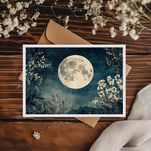 Carte Lune Fleurie, Carte Nuit Céleste, Carte Lune Romantique, Carte Anniversaire Lunaire, Carte Art Nature