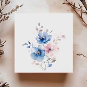 Carte Fleurs Aquarelle Bleue, Carte Florale Rose et Bleue, Carte Botanique Élégante, Carte Pensée, Carte Anniversaire