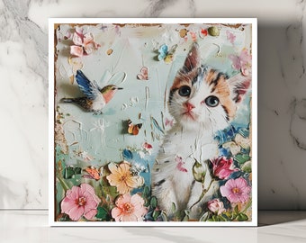 Kitten and Flowers Card, Kitten vintage style card, Cat Card, Cute Greeting Card, Unique Collage Art Card