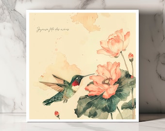 Tarjeta de colibrí para el Día de la Madre, tarjeta floral de acuarela, papelería personalizada para el Día de la Madre