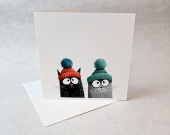 Winter cats card cute cartoon cats with hats funny greeting card joyful birthday card, holiday season card or any occasion.