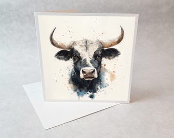 Biglietto con stampa artistica di un toro, biglietto con toro acquerellato, biglietto con animali del West, biglietto con animali da fattoria per lui, biglietto con toro rustico di campagna