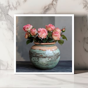 Carte Vase Rustique Roses, Carte Florale Élégante, Carte Art Roses Roses, Carte Romantique Fleurie, Carte Anniversaire Amour