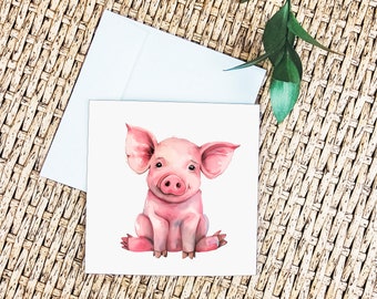 Cute Pig Greeting Card, Adorable Piglet Illustration, Funny Well Wishes, Childish Animal Art, Pink Farm Joy