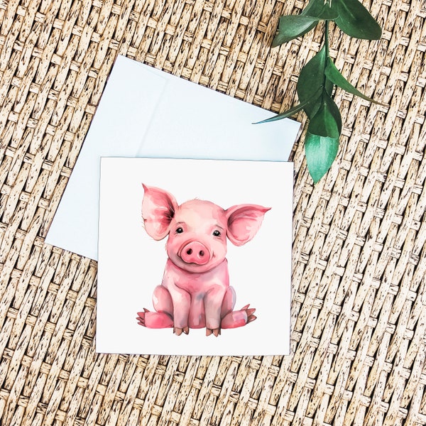 Carte de Vœux Cochon Mignon, Illustration Adorable Porcinet, Souhait Amusant, Art Animalier Enfantin, Joyeuse Ferme Rose