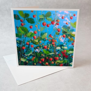 Carte de souhaits champ de fraises rouges illustration colorée et joyeuse style nature estivale pour toute occasion fraîche et fruitée