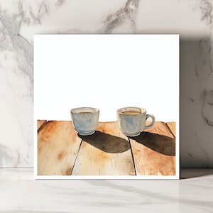 Carte de Souhaits Café style Aquarelle - Illustration de Tasses sur Bois - Parfaite pour les Amoureux du Café - Enveloppe Incluse