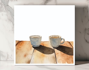 Watercolor Coffee Cups Greeting Card - Wood Table Illustration - Perfect for Coffee Lovers - Includes Envelope