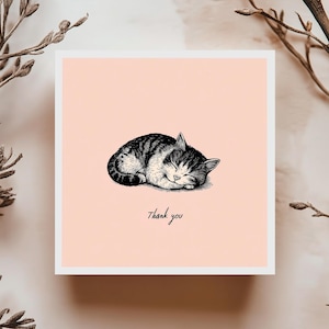 Carte de remerciement chat endormi illustration vintage style doux et minimaliste fond rose pour dire merci avec tendresse et simplicité