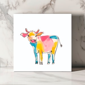 Carte de Vœux Artistique avec Vache Colorée, Illustration Moderne, Pour Toute Occasion, Joyeuse et Originale