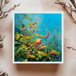 Carte de souhaits framboises rouges dans un champ illustration lumineuse et naturelle ambiance estivale fraîche pour toute occasion joyeuse