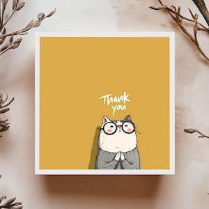 Carte de remerciement chat mignon rigolo illustration minimaliste fond ocre style artistique pour dire merci avec humour et tendresse