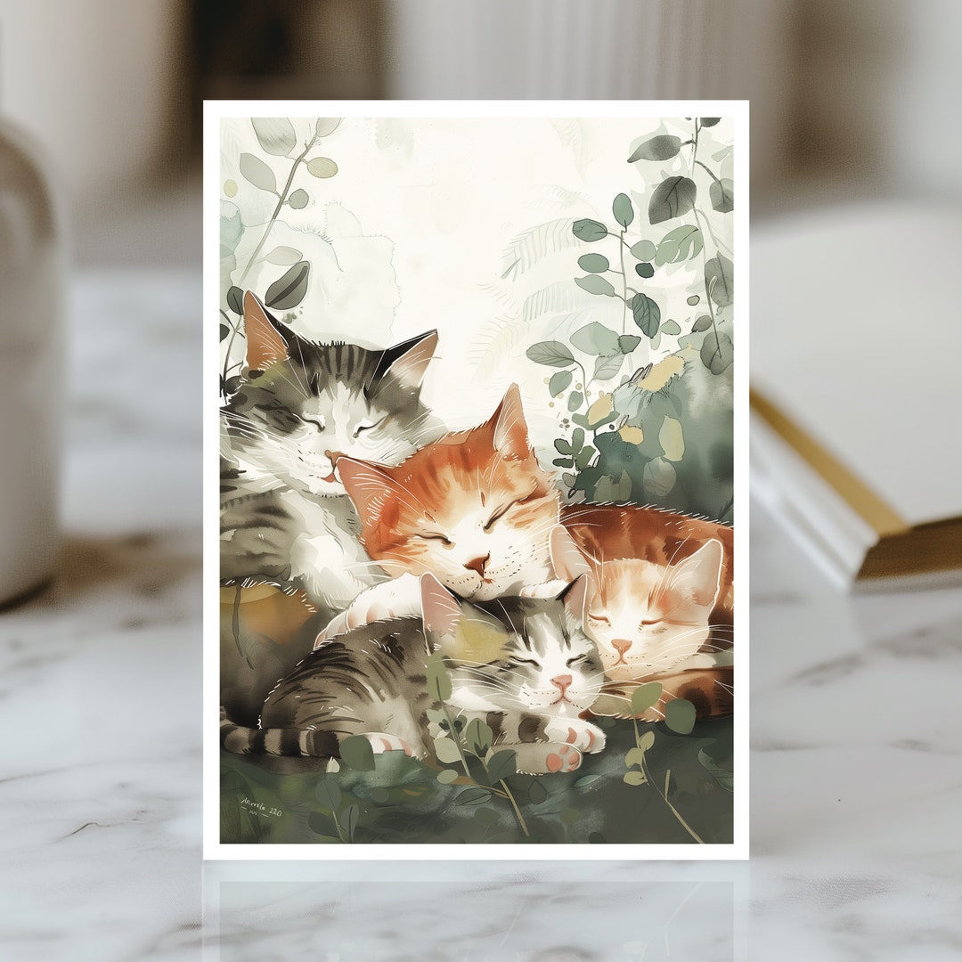 Cat Birthday Card Cute Cat Card Happy Birthday Cat Watercolor Birthday ...