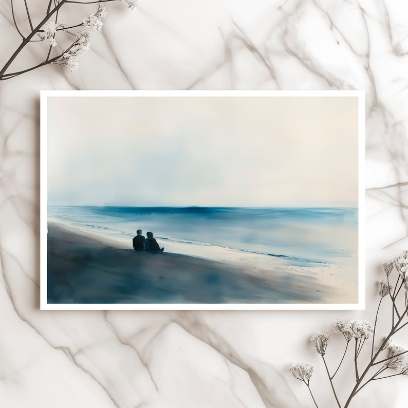 Tarjeta de felicitación romántica de pareja en la playa, acuarela serena junto al mar, amor y tranquilidad, sobre incluido. imagen 1