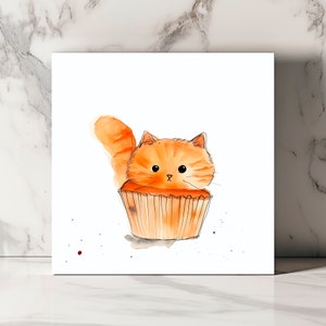 Carte de Vœux Chat dans Cupcake, Art Félin Fantaisiste, Illustration Chaton Mignon, Parfait pour les Amoureux des Chats, Enveloppe Incluse