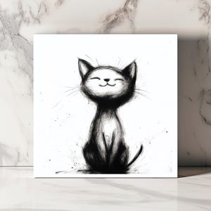 Carte Chat Minimaliste, Carte Noir et Blanc Chat, Carte Amoureux des Chats, Carte Pensée, Carte Chat Mignon