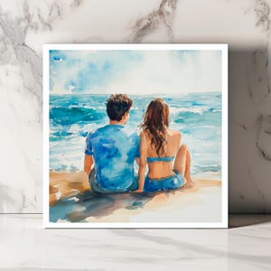 Carte Couple à la Plage, Carte Amour Estival, Carte Romantique Vue Mer, Carte Anniversaire Côte, Carte Détente Bord de Mer