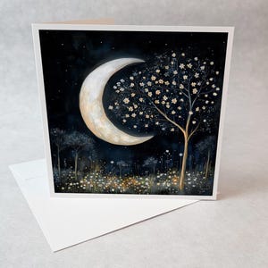 Carte de souhaits lune et arbre fleuri, carte de voeux nocturne, carte poétique étoilée