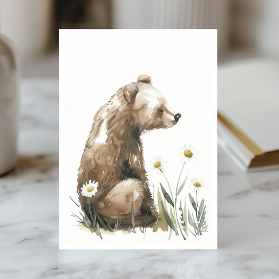 Bear Birthday Card Cute Bear Card Happy Birthday Bear Watercolor Birthday Card Floral Bear Card Unique