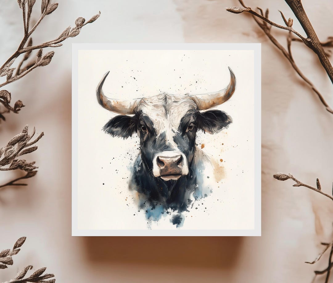 Bull Art Print Card, Watercolor Bull Card, Western Animal Card, Farm ...
