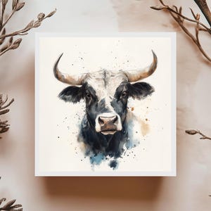 Carte Taureau Art Aquarelle, Carte Animaux Ferme, Carte Rustique Campagne, Carte Animale pour Lui