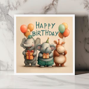 Linda tarjeta de cumpleaños de animales para niños con globos de elefantes y regalos, tarjeta de felicitación dulce y colorida para niños, niñas o niños pequeños.