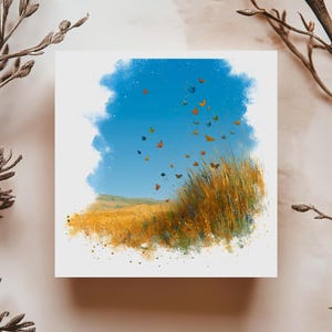 Carte de souhaits champ de blé doré avec papillons colorés illustration poétique nature lumineuse pour anniversaire ou toute occasion zen