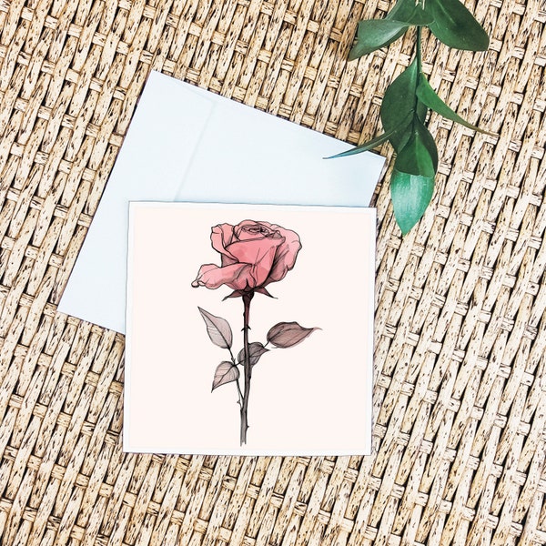 Carte de Vœux Rose Stylisée, Illustration Florale Chic, Idéal pour Amoureux des Fleurs, Enveloppe Incluse