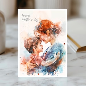 Carte Étreinte Maternelle, Aquarelle Mère Enfant, Joyeuse Fête des Mères, Amour Mère et Fils, Moments Précieux Carte
