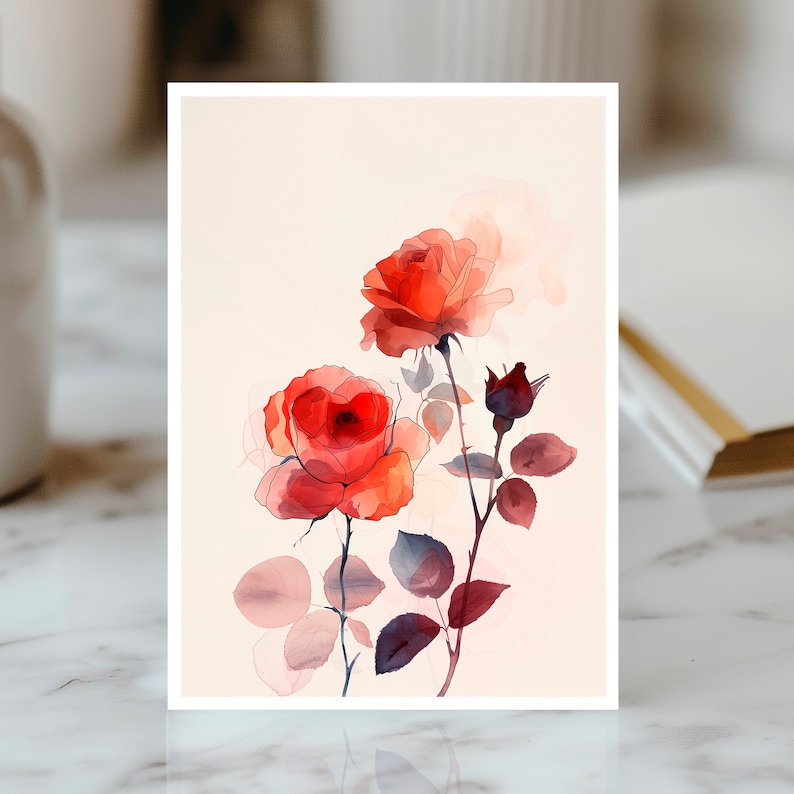 Watercolor Roses Card, Floral Greeting Card, Elegant Rose Notecard ...