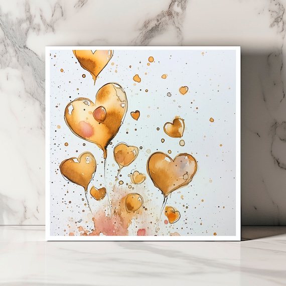 Floating Hearts Greeting Card, Watercolor Love Balloons, Perfect for Special Occasions, Envelope Included