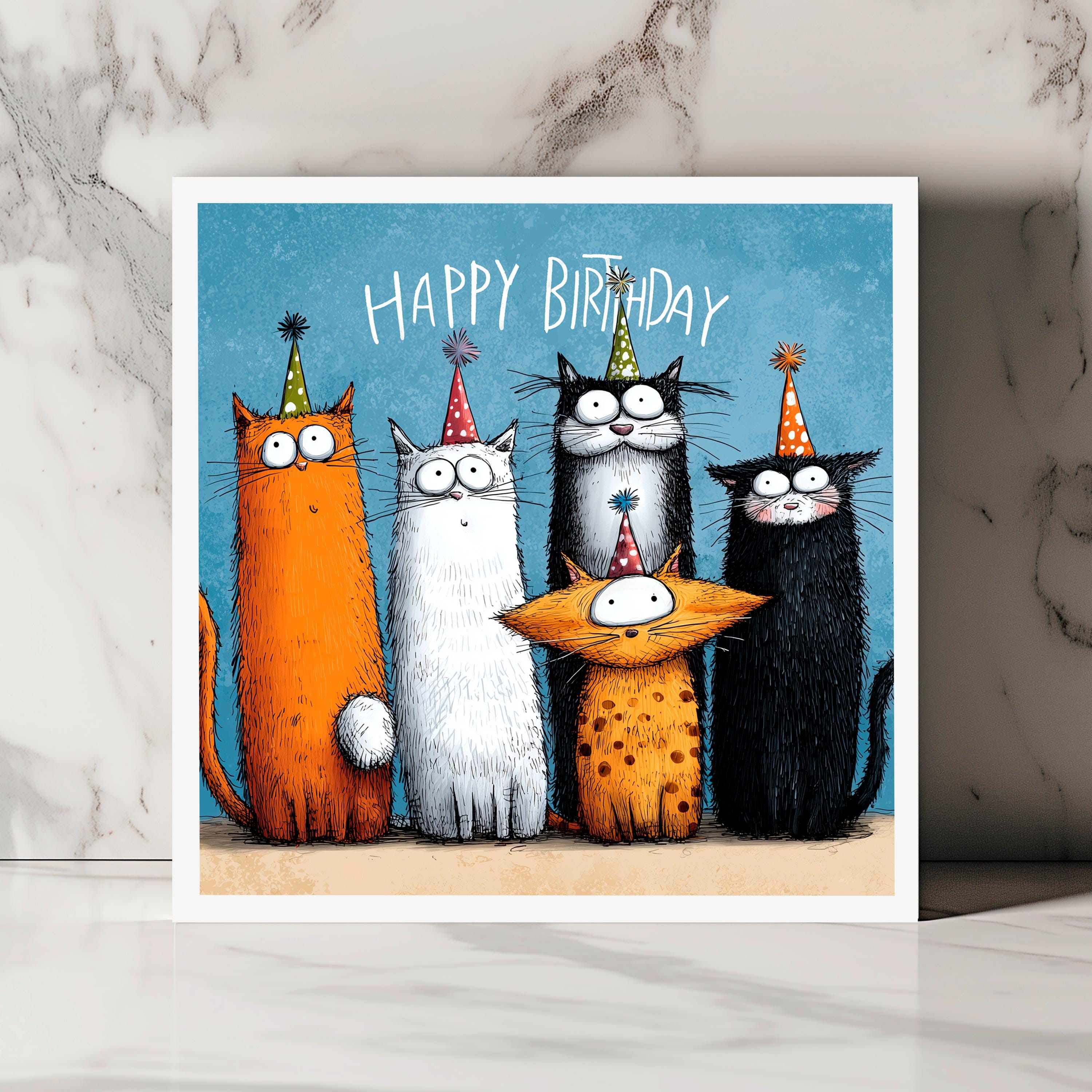 Funny Cat Birthday Card Cartoon Cute Cats in Party Hats Fun Animal ...