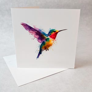 Carte de souhaits colibri aquarelle, carte de voeux artistique, carte oiseau coloré élégante