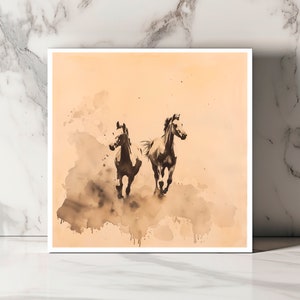 Carte de Vœux Chevaux Majestueux, Art Équestre Dynamique, Parfaite pour Amateurs de Chevaux, Enveloppe Incluse