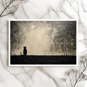 Carte Chat Noir et Blanc Carte Chat au Clair de Lune Carte Ciel Nocturne Carte Nuit Étoilée Carte Artistique Unique