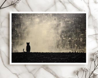 Black and White Cat Card Moonlit Cat Card Night Sky Card Starry Night Card Artistic Cat Card Unique Greeting Card