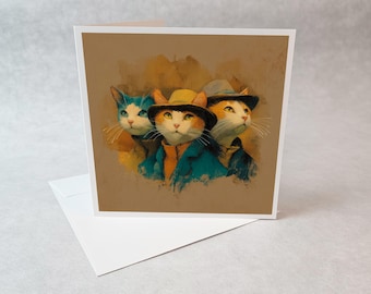 Vintage Cats Greeting Card, Three Cats with Hats Art Card, Cute Cat Illustration, Funny Animal Card, Cat Lover Gift, Blank Inside