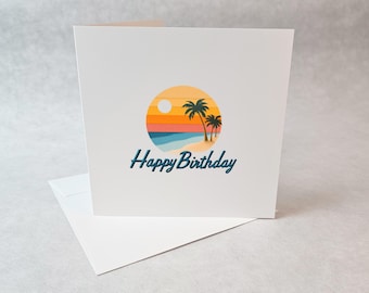 Beach Sunset Birthday Card Vintage Tropical Palm Tree Ocean Scene Minimalist Greeting Card for Him Her or Any Occasion