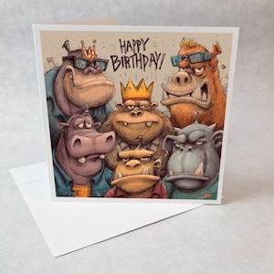 Carte anniversaire singes drôles style cartoon humour fête adulte groupe cool animaux joyeux anniversaire fun amusant original