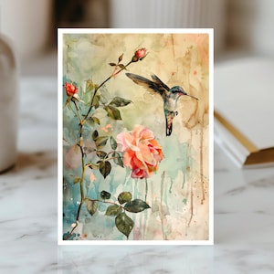 Carte Colibri Rose, Carte Fleur Aquarelle, Carte Inspiration Nature, Oeuvre Botanique, Carte Salutation Jardinier