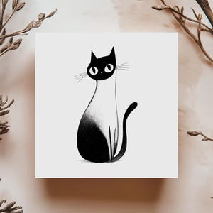 Carte chat noir vintage style dessiné à la main carte artistique minimaliste chat élégant illustration monochrome fête anniversaire