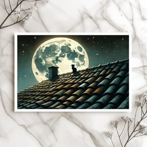 Carte Chat sur le Toit Carte Chat au Clair de Lune Carte Ciel Nocturne Carte Nuit Étoilée Carte Artistique Unique