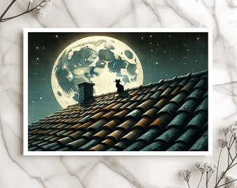 Cat on Rooftop Card Moonlit Cat Card Night Sky Card Starry Night Card Artistic Cat Card Unique Greeting Card