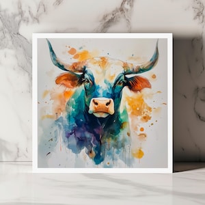 Carte Taureau Aquarelle Colorée, Carte Animale Abstraite, Illustration Western pour Lui, Carte Rustique Taureau