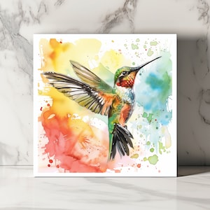 Carte Colibri Colorée Carte Oiseau Aquarelle Carte Oiseau Vif Carte de Vœux Colibri Carte d'Art Unique