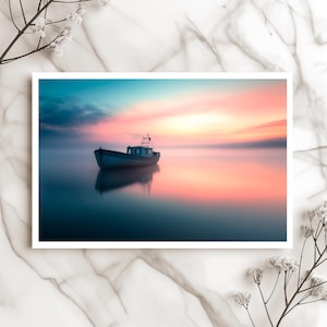 Carte Bateau Serein Carte Coucher de Soleil Océan Carte Art Côtier Carte Nautique Blanche Carte Unique Nature Carte Paysage Marin Calme