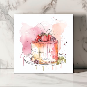 Carte de Vœux Gâteau aux Fruits Aquarelle, Célébration Gourmande, Parfaite pour Anniversaires et Félicitations