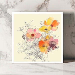 Carte de Vœux Fleurs Aquarelle Vibrantes - Illustration Botanique Colorée, Idéale pour Occasions Spéciales, Design Floral Artistique